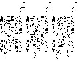　( 一 )
　　ハァ～　七つの仲間が　呼んでいる
　　　　　　　遠くはなれちゃ　いるけれど
　　　　　　　森吉山よ　米代川と
　　　　　　　忘れはしない　小猿部川よ
　　　　　　　　ワッショイダー　ワッショイダー
　　　　　　　東鷹ふるさと　音頭ダネ
　( 二 )
　　ハァ～　七つの仲間が　呼んでいる
　　　　　　　思う心は　皆おなじ
　　　　　　　元気でいるか　仲間たち
　　　　　　　たまにゃ逢おうよ　語ろうよ
　　　　　　　　感涙だー　感涙だー
　　　　　　　東鷹ふるさと　音頭ダネ
　( 三 )
　　ハァ～　七つの仲間が　呼んでいる
　　　　　　　ふるさと発展　夢を持って
　　　　　　　仲間同士の　心意気
　　　　　　　力合わせて　やりたいね
　　　　　　　　バンザイだー　バンザイだー
　　　　　　　東鷹ふるさと　音頭ダネ